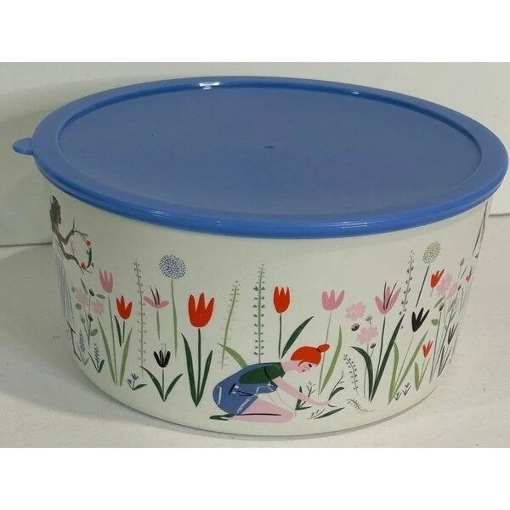 Libby VanderPloeg Anthropologie Melamine Bowl Blue Lid Floral Garden